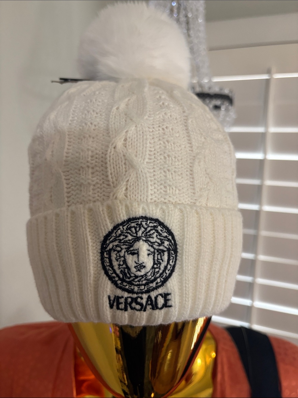 Cable Knit White Pom Hat/Beanie with Black Medusa Logo